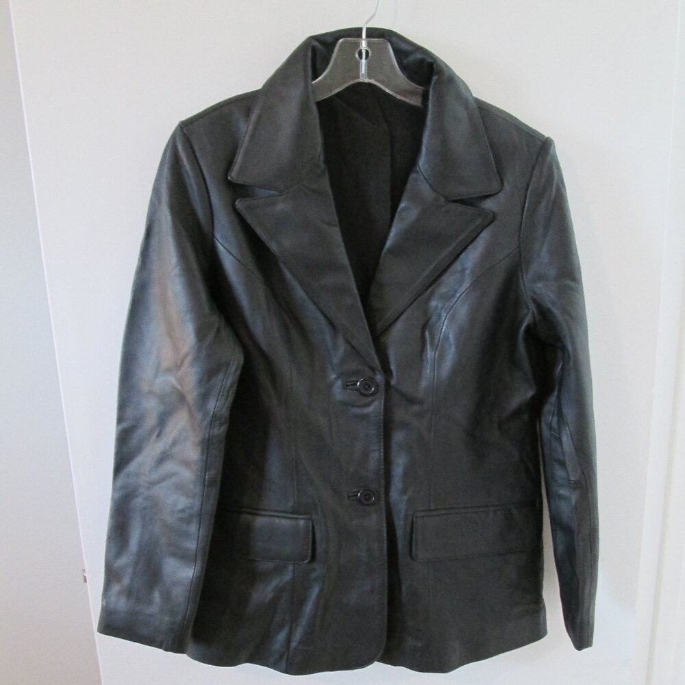 Two Button Notch Lapel Black Leather Blazer Jacket Sz M/L - Picture 7 of 10